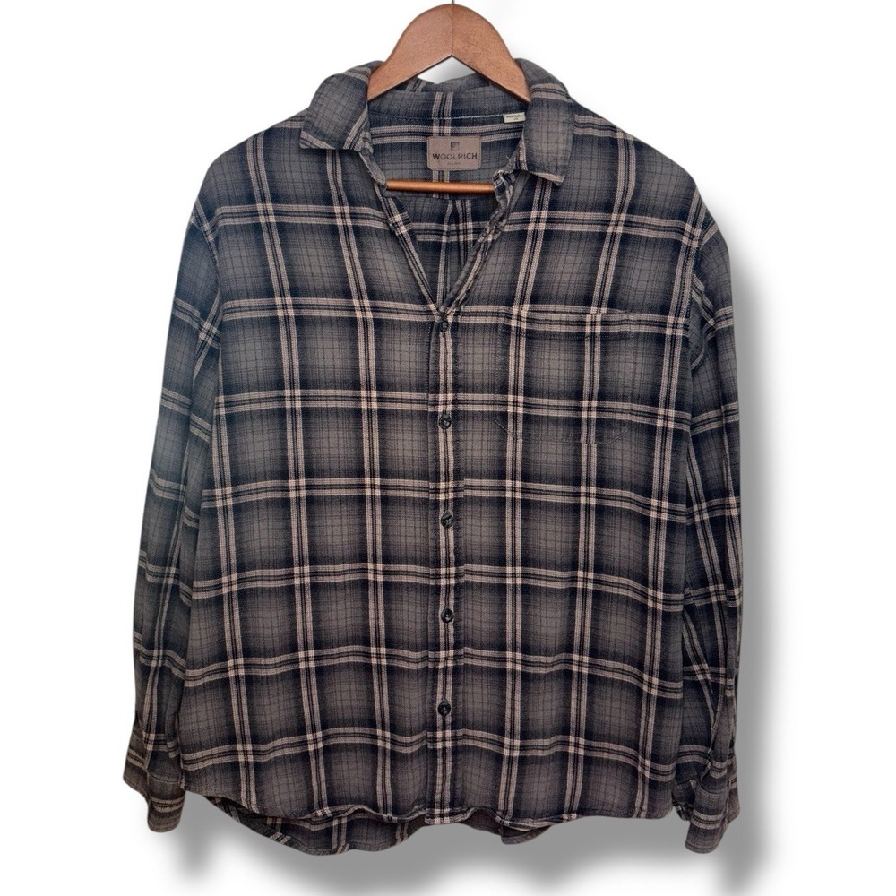 Woolrich Men's Large Gray & Brown Plaid Flannel Shirt Pockets 100% Cotton
